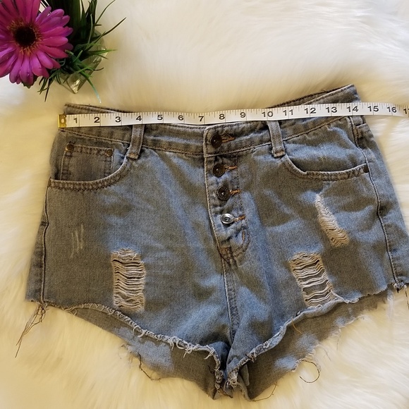 Jean Denim Button Distressed High Waist Rise Short - Picture 6 of 7
